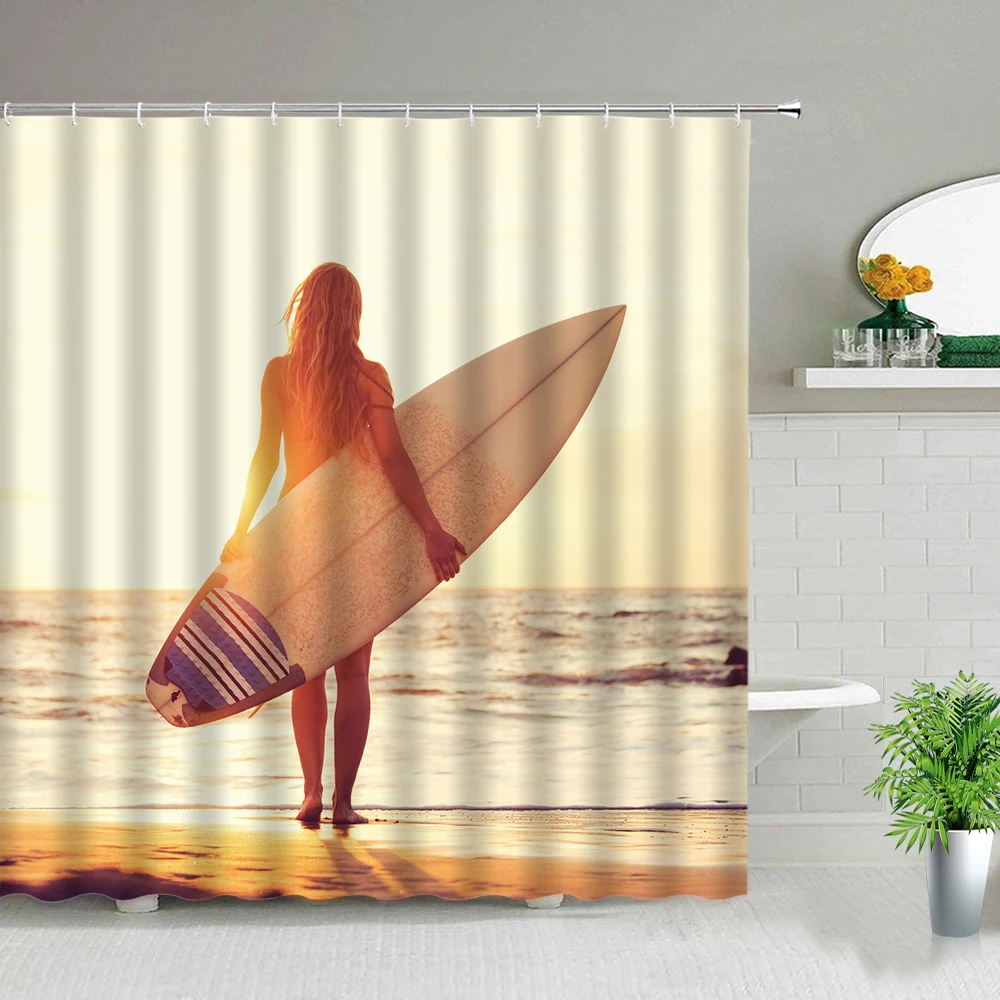 Sexy Woman Buttocks Printing Shower Curtains Sunlight Beach Girl Landscape Bathroom Decor Fabric Washable Bath Screen With Hooks