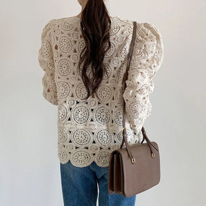 Hollow Out Hook Flower Knitted Cardigan Elegant V-neck Casual Women\'s Sweater Chic Button Split Puff Sleeve Femme Jacket