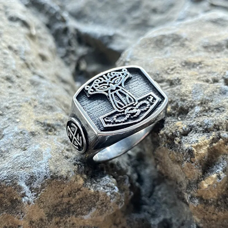 Celtic Hammer Viking Stainless Steel Ring Nordic For Men Gift Thor Unisex Jewelry Vintage Fashion Metal Steel Color Wholesale