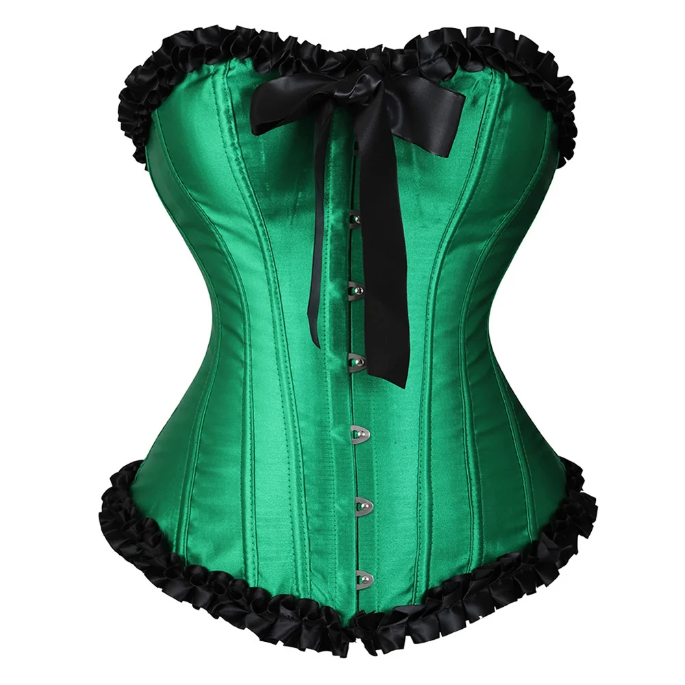 Plus Size Sexy Corsets For Women Lotus Leaf Lace Satin Lingerie Tops Overbust Corset S-2XL