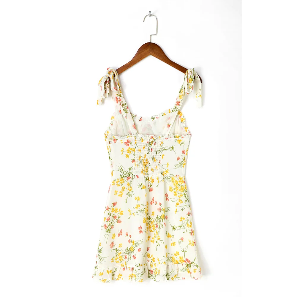 Summer Dresses For Women 2021 Sleeveless Sweetheart Neck Tie Strap Mini Dress Ruffle Hem Floral Beach Dress Vacation Sundress