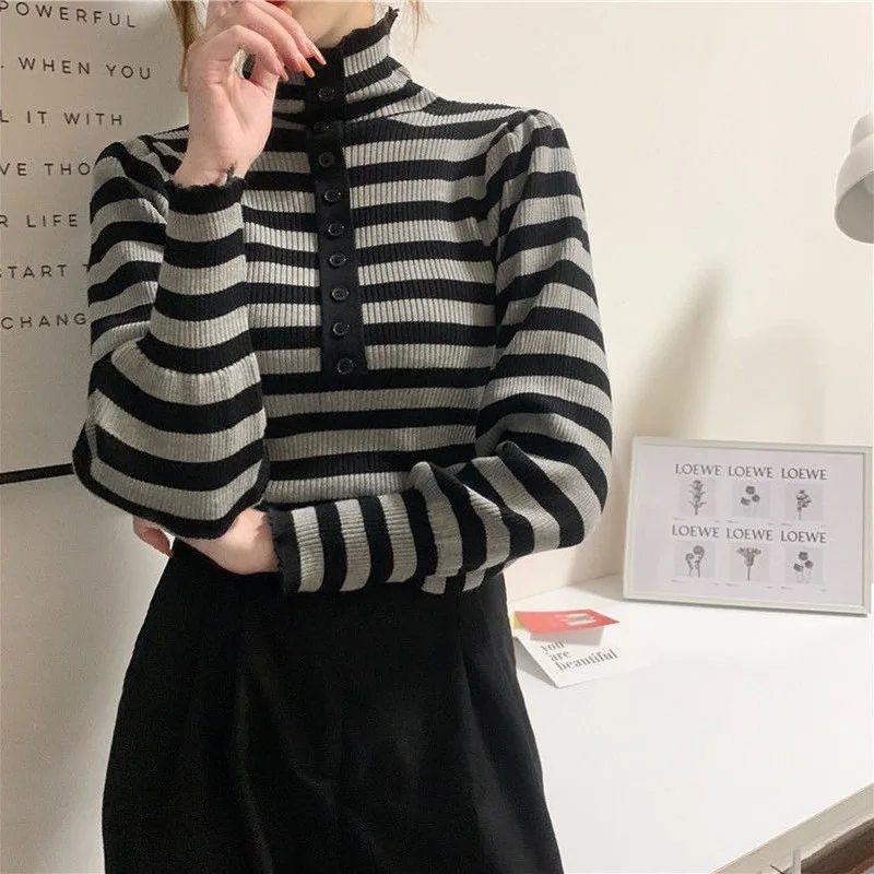 Turtleneck Sweater Women Striped Orange Single Breasted Korean Style Simple Chic Students Young Ladies All-match Daily Slim Tops