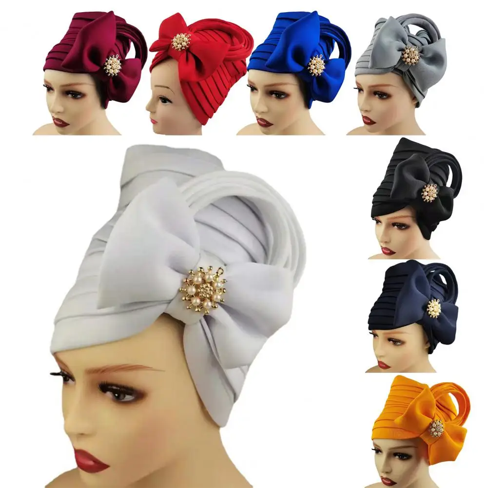 Accessory  Attractive Satin Surface High Turban Hat Headgear Turban Cap Beads Decoration   for Vacation