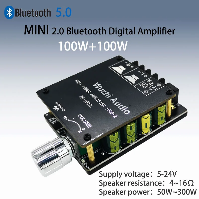 ZK-1002L 100W*2 Mini Bluetooth 5.0 Wireless Audio Power Digital Amplifier Board Double Channels Stereo Amp DC 12V 24V