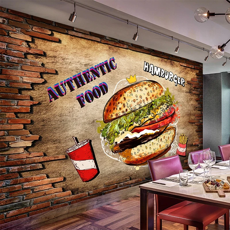 Custom Any Size Mural Wallpaper 3D Brick Wall Hamburger Fast Food Restaurant Kitchen Decor Backdrop Wall Removable Wall Sticker