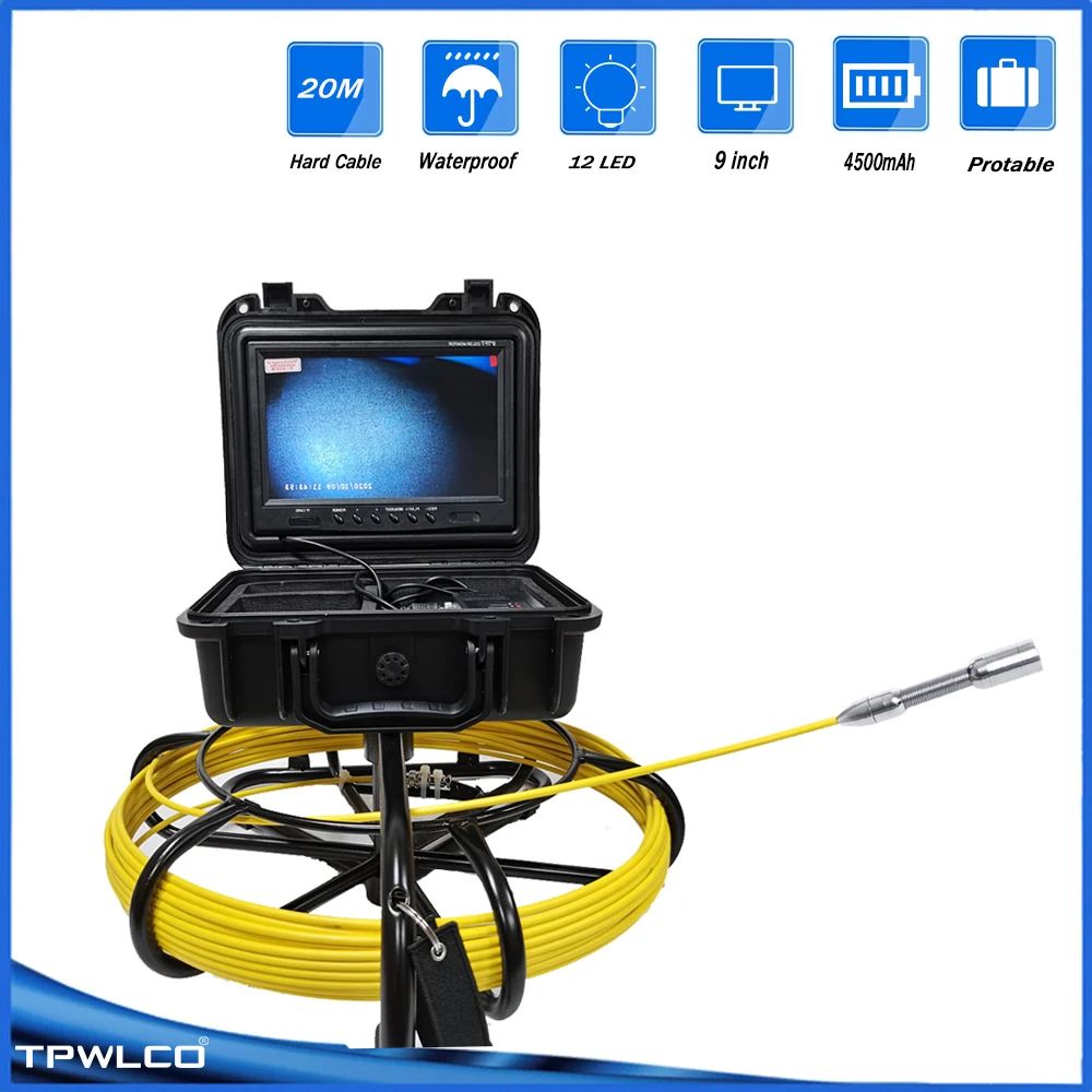 

23mm DVR Sewer Pipe Inspection Camera 20m 12pcs LEDS 9inch LCD Monitor IP68 Waterproof Drain Video Industrial Endoscope System