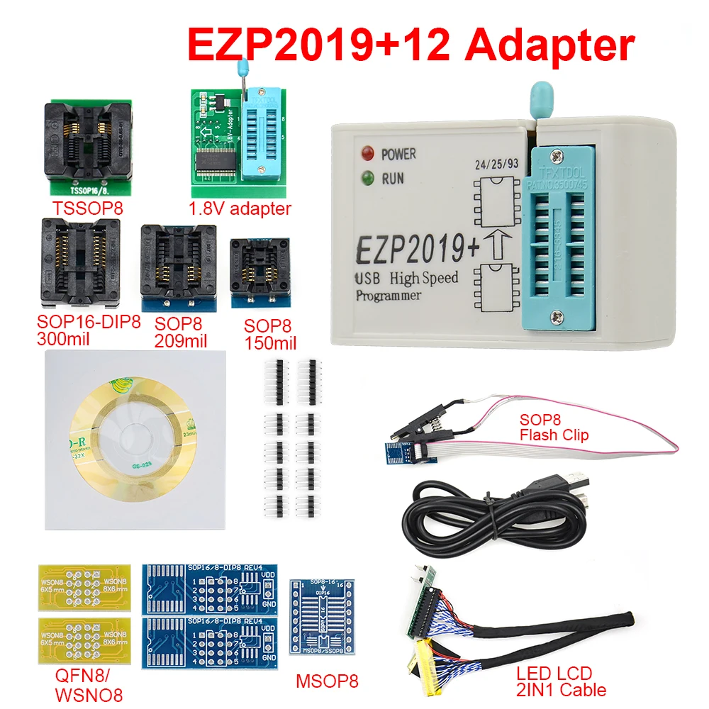 Original EZP2019 High-speed USB SPI Programmer EZP 2019 Support24 25 93 EEPROM 25 Flash BIOS Chip full set + 10/12pcs adapters