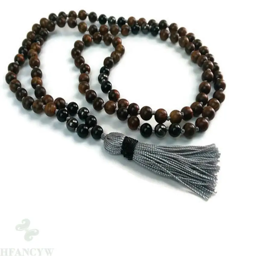 8MM 108 Sandalwood obsidian hematite Gemstone Mala necklace Buddhism pray energy Lucky spirituality Chakas cuff Meditation yoga