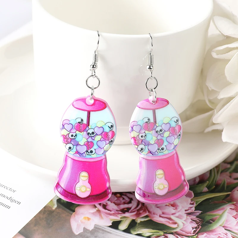 1Pair Creepy Valentine Dangle Earrings Acrylic Skull Gumball Machine Heart Coffin for Women Birthday Gift