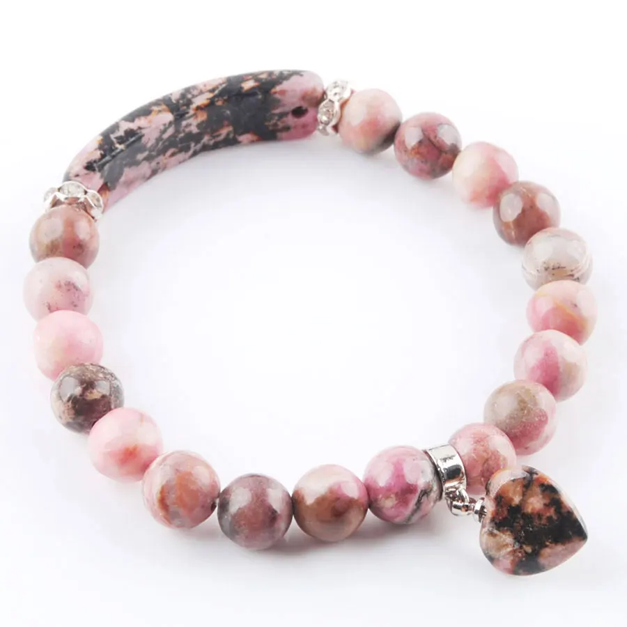 

WOJIAER Natural Rhodochrosite Stone Stretch Bracelets Heart Shape Healing Beads Bangles Rectangle Stones for Girl Jewelry K3314