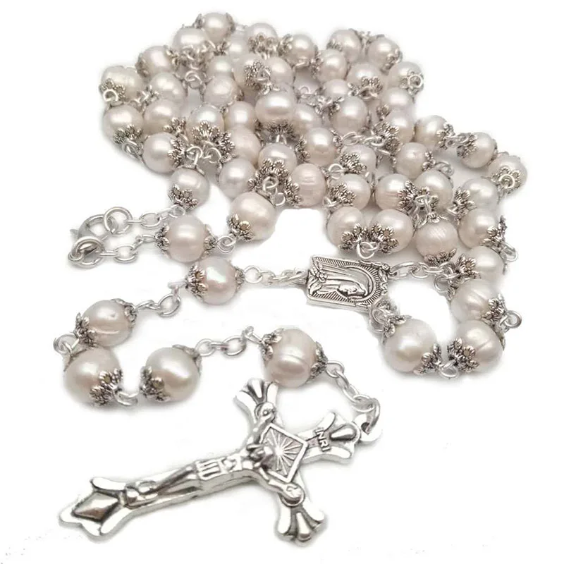 Religious natural freshwater pearl rosary high quality curved needle cross necklace Catholic and can be given as gift can prayer