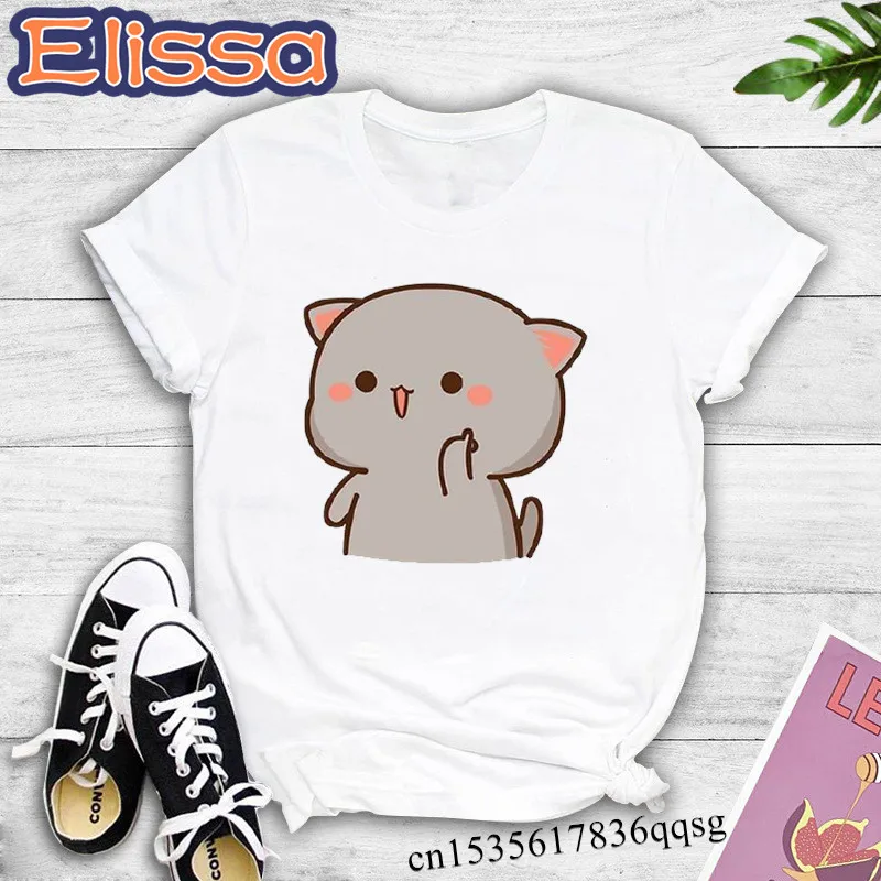 Camiseta con estampado de gato melocotón Mochi para mujer, camiseta blanca y negra, Tops harajuku vintage, estética gótica, ropa punk con gráfico de Anime, Hip Hop