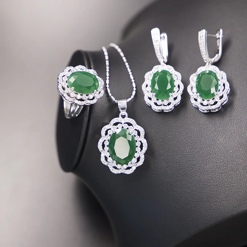 Green Emerald Oval Necklace Earrings Ring 925 Silver 925 Bracelets Bridal Jewelry Sets For Women