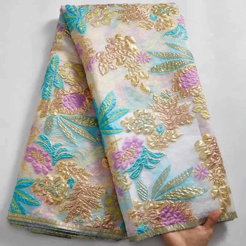 

French Organza Gilding Jacquard Lace Brocade Fabric Jacquard Lace African Nigerian Tulle Mesh Lace Fabric For Bridal Dress S2622