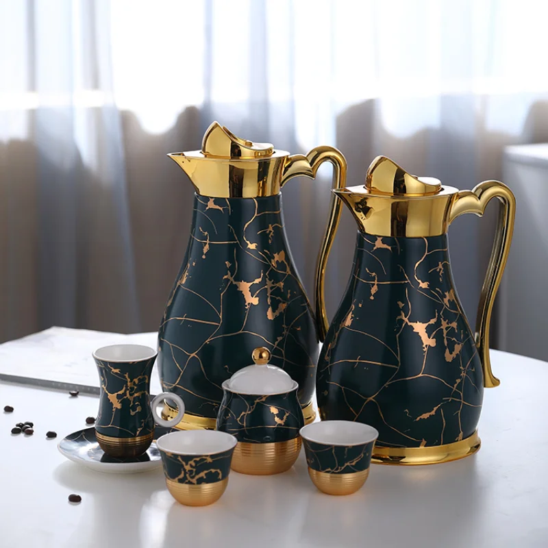 Arabian gold marble rim decor glass inner 1L kettles ceramic coffee pot gift set luxury arabic thermos vacuum flask