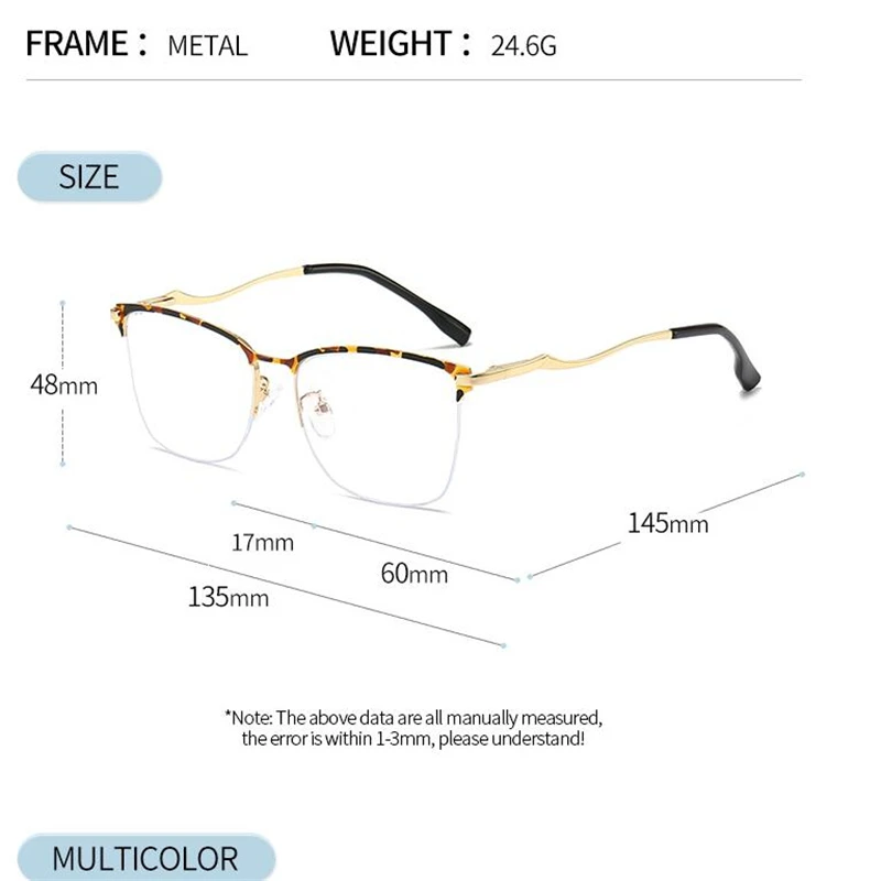 Lunettes de Prescription carrées semi-sans monture à monture léopard, pour myopie, lunettes optiques d'ordinateur en métal 0 -0.5 -0.75 à-6