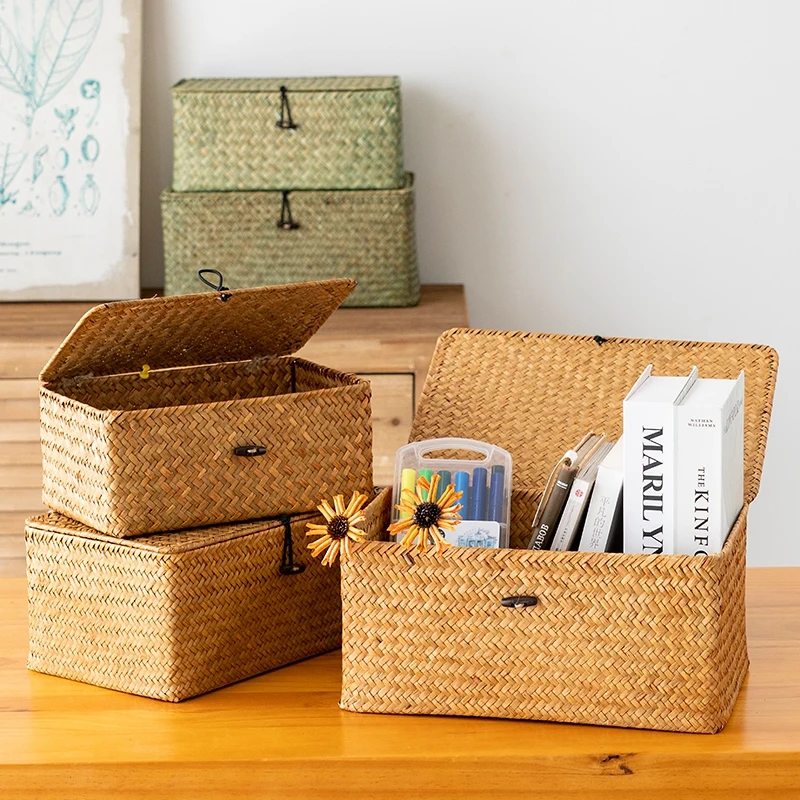 Woven Storage Baskets Large Seagrass Storag Basket with Lid Home Sundries Organzier Multifunction Baskets for Organizin Clothes