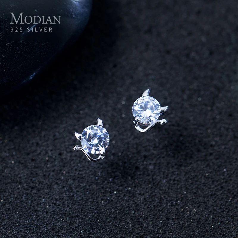 Modian Trendy 100% 925 Sterling Silver Cute Demon Clear CZ Small Stud Earrings for Women  Fashion Earrings Korean Fine Jewelry