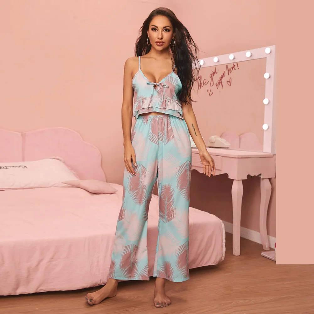 Tropical Print Pajamas Set Ruffle Hem Loungewear Satin Cami Top and Panty Tie Front Sleepwear Soft Home Suit