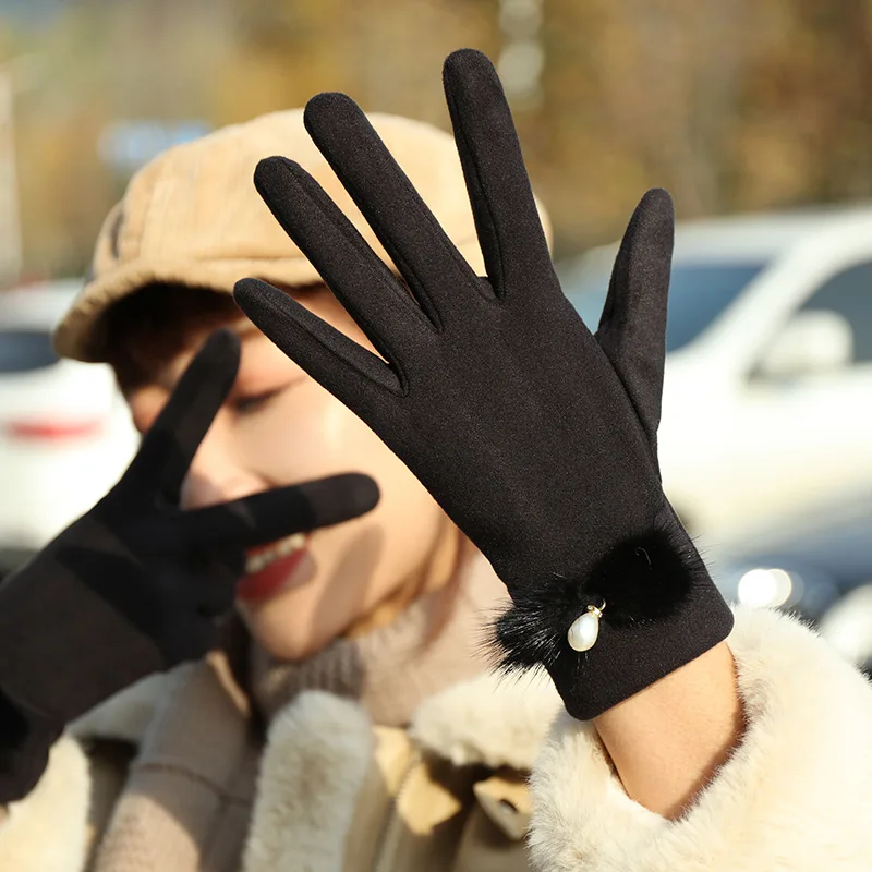 Guantes de terciopelo grueso para mujer, manoplas elásticas con bola de pelo y perlas para pantalla táctil, para ciclismo, Invierno