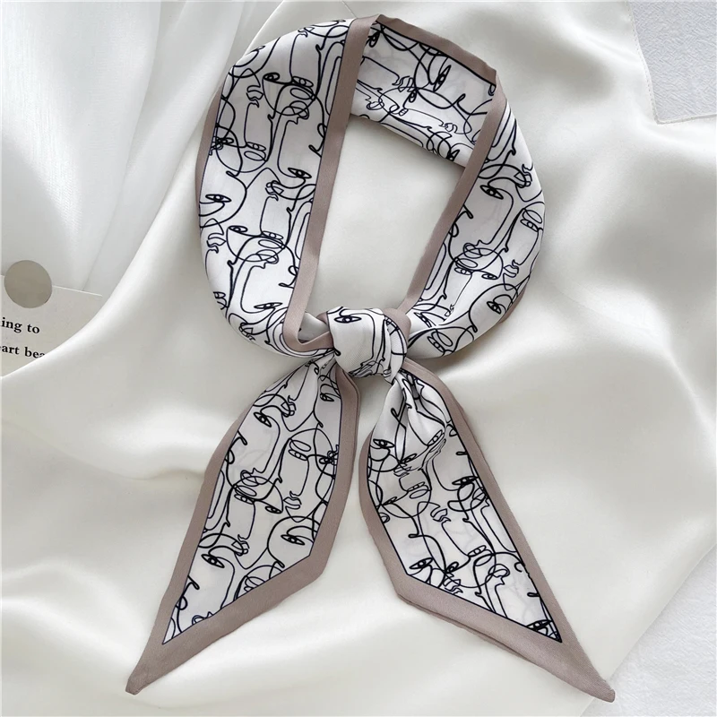 Luna&Dolphin Women Skinny Ribbon 100x6cm Retro Suit Silk Scarf Sketch Human Face Letter Printing Long Headbands Lady Neckerchief