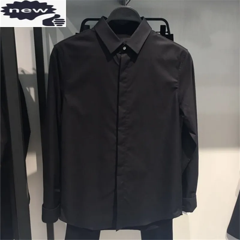 

Men Black Slim Casual Autumn Winter Long Sleeve Business Tops Solid Color Square Collar Formal Shirts Male S-2XL