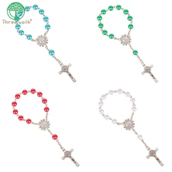 10pcs Imitation Pearl Beads Catholic Rosary Catholic Holy Communion silver color Wings Crucifix Pendants Cross Bracelet gift