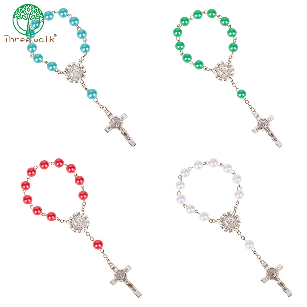 CR013 Imitation Pearl Beads Catholic Rosary Catholic Holy Communion silver color Wings Crucifix Pendants Cross Bracelet gift