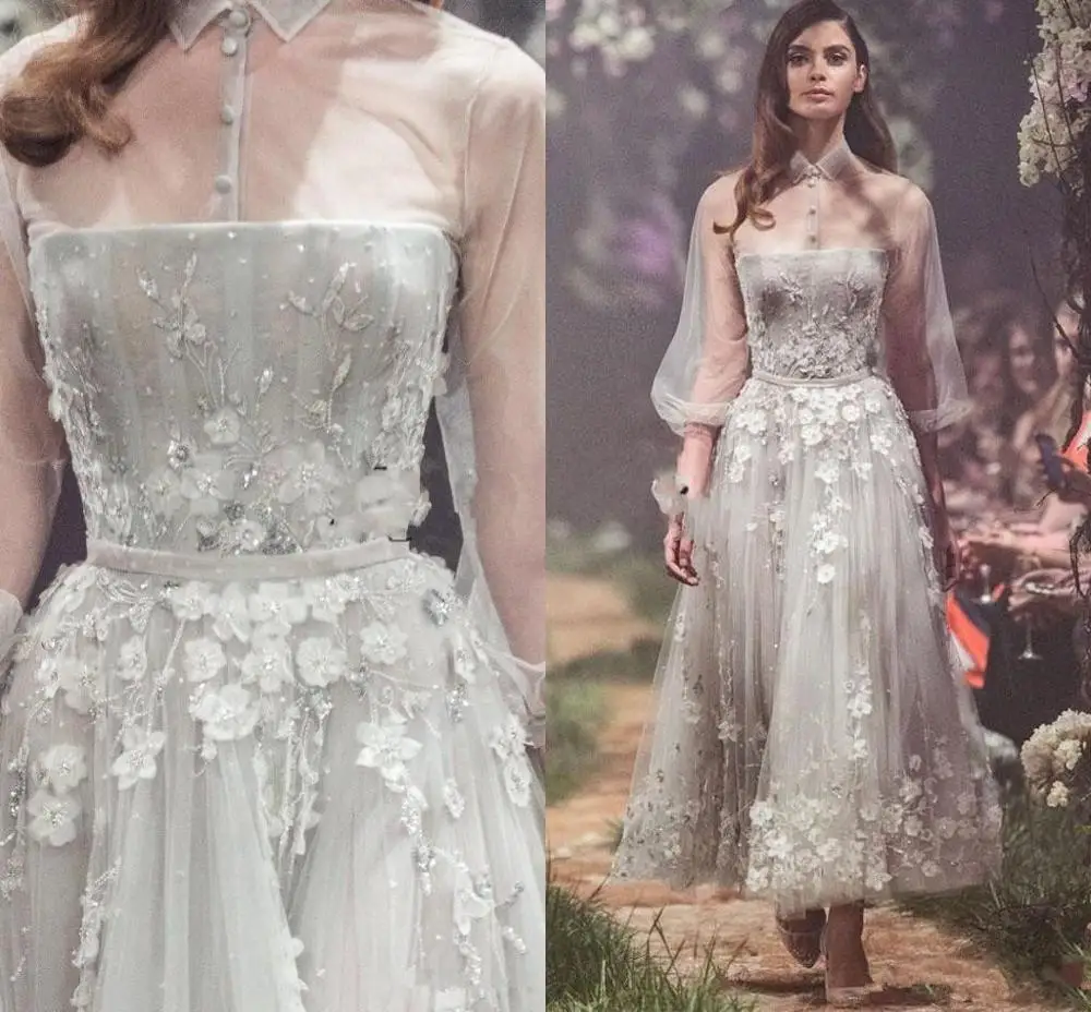 2019ชุดราตรี3D Floral Lace Appliqued คอ Gowns ข้อเท้าความยาว Vestidos De Festa ชุดราตรี