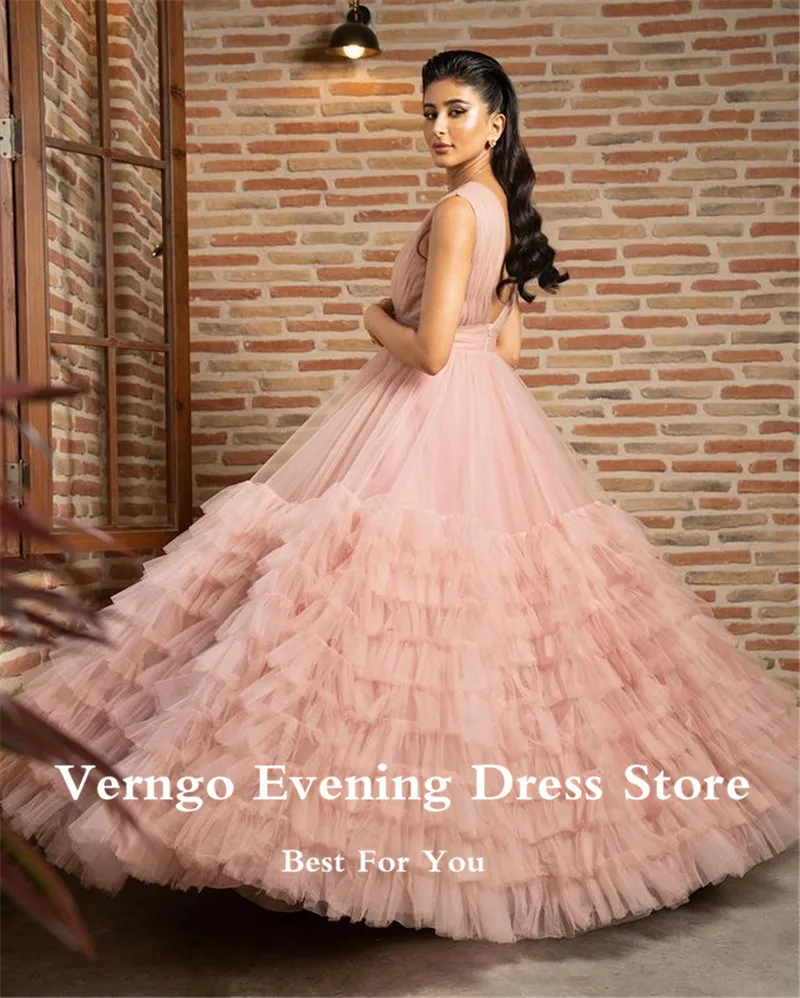 Verngo Blush różowy tiul warstwowe suknie balowe skromna O-Neck warstwowa spódnica drapowana długie suknie wieczorowe kobiety w stylu Vintage formalna sukienka