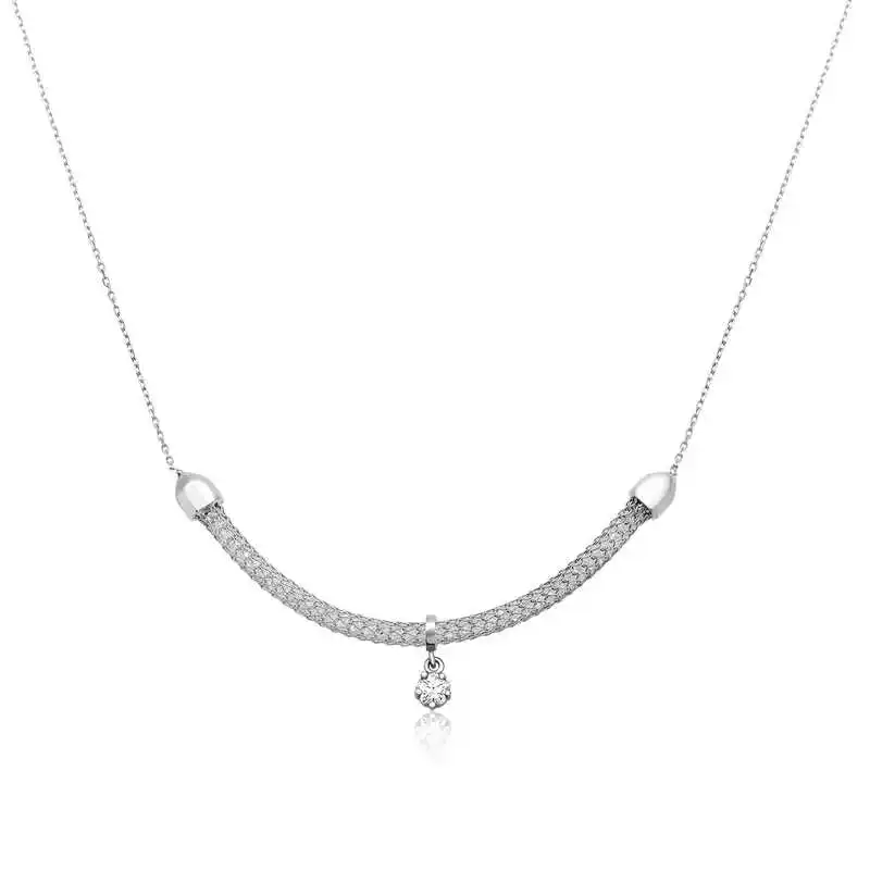 Silver Single stone Mesh Necklace 925 Sterling Women Fine Jewelry Wedding Party Birthday Gift - Box - Pendant - Chain Choker - Female - Ladies - Fashion