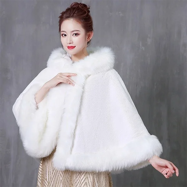 Wedding Cloak Winter Short Faux Fur Shawl Bridal Hooded Cape Coat Women Party Prom Cloak Bolero