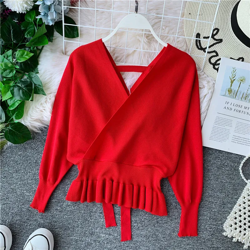 Korean Women's Sweater Short Knitted White V Neck Pullover Autumn Winter Clothes Ladies Sweaters Pull Femme KJ5447