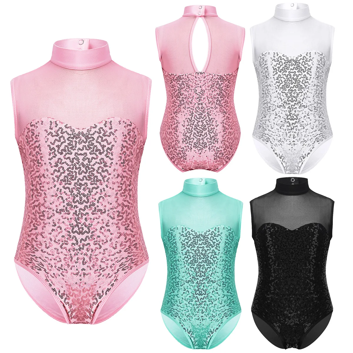 Child Kid Girls Sparkly Sequins Sleeveless Mock Neck Tulle Splice Keyhole Back Ballet Dance Gymnastics Leotard Jumpsuit Bodysuit