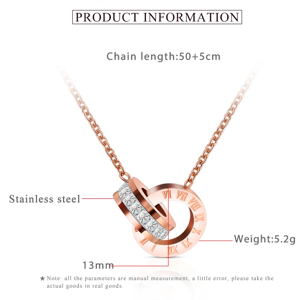 Fashion Stainless Steel CZ Zircon Double Cricle love Roman Numbers Pendant Necklace Women Wedding Jewelry N1275