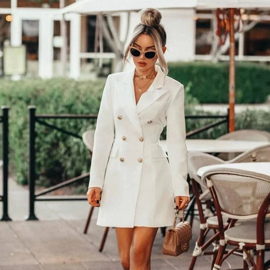 Vintage White Shawl Lapel Women Blazer Custom Made Classic Double Breasted Jacket Office Lady Daily Casual Pocket StreetwearCoat