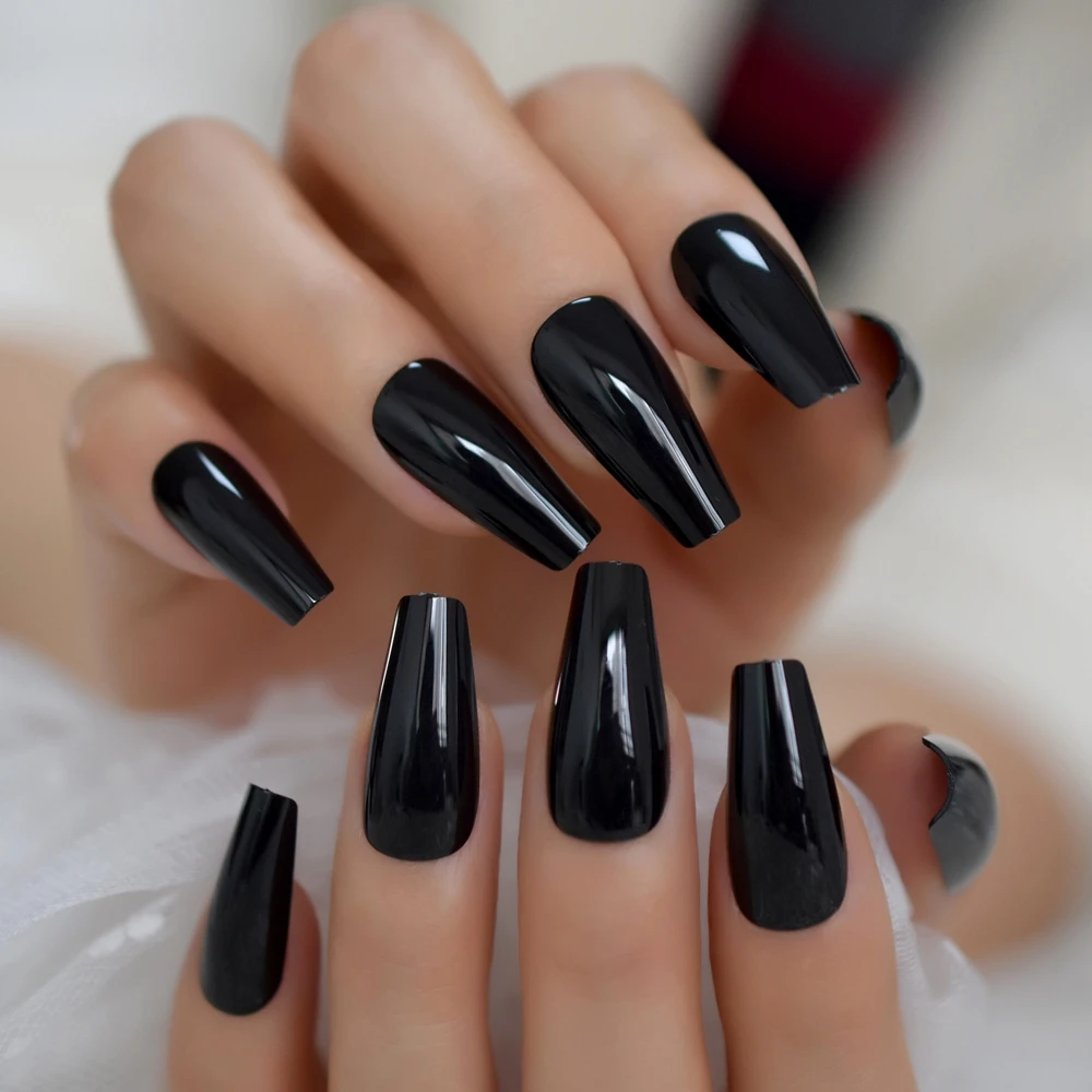 Plain Solid Black Long Ballerina Press on UV Fake Art Nail Tips Coffin Tapered Shape Salon False Finger Nails Faux Ongle