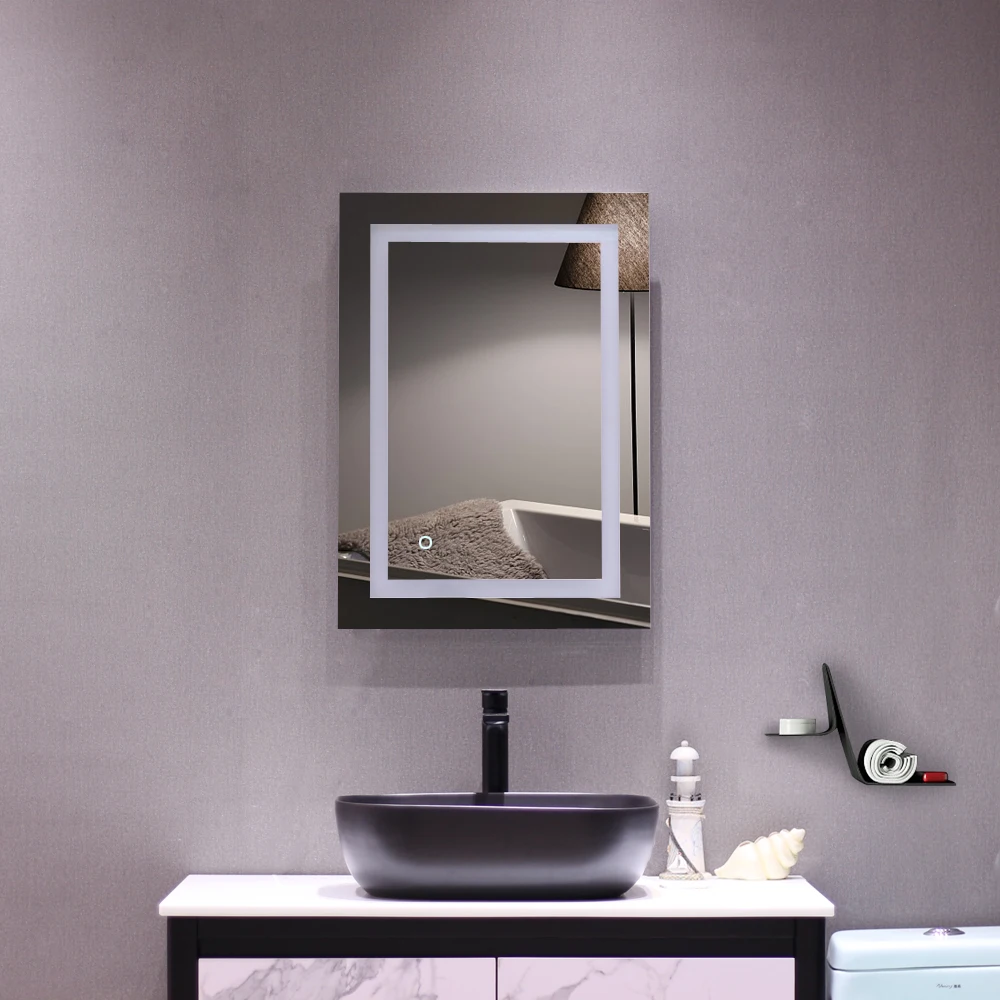 Bathroom Mirror with Led Light Glass Mirror Square Built-in Light Strip Touch LED Anti-fog Easy to install 28