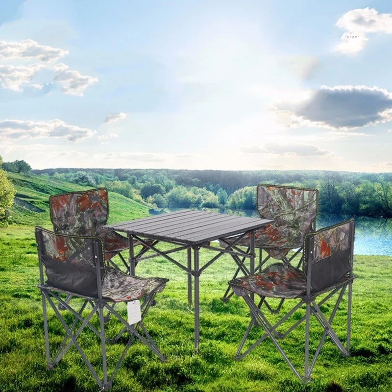 5 Pcs Sets Outdoor Fishing Barbecue Camping Beach Self-driving BBQ Tour Picnic Camouflage Table Chairs Folding Aluminum Alloy