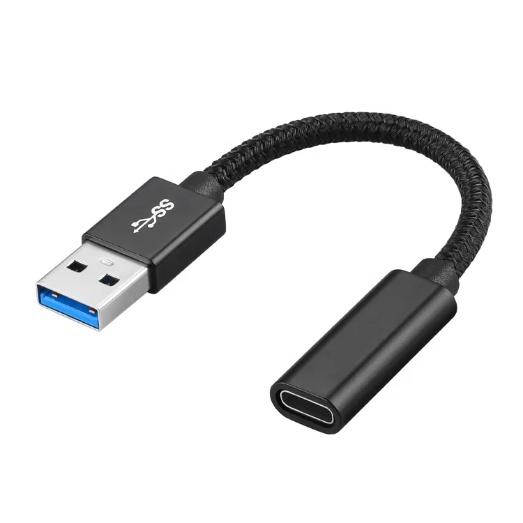 10cm Black Braided USB C Female To USB 3.0 Male Adapter Cable ,USB C Female To USB Male Adapter Up to 10Gbps