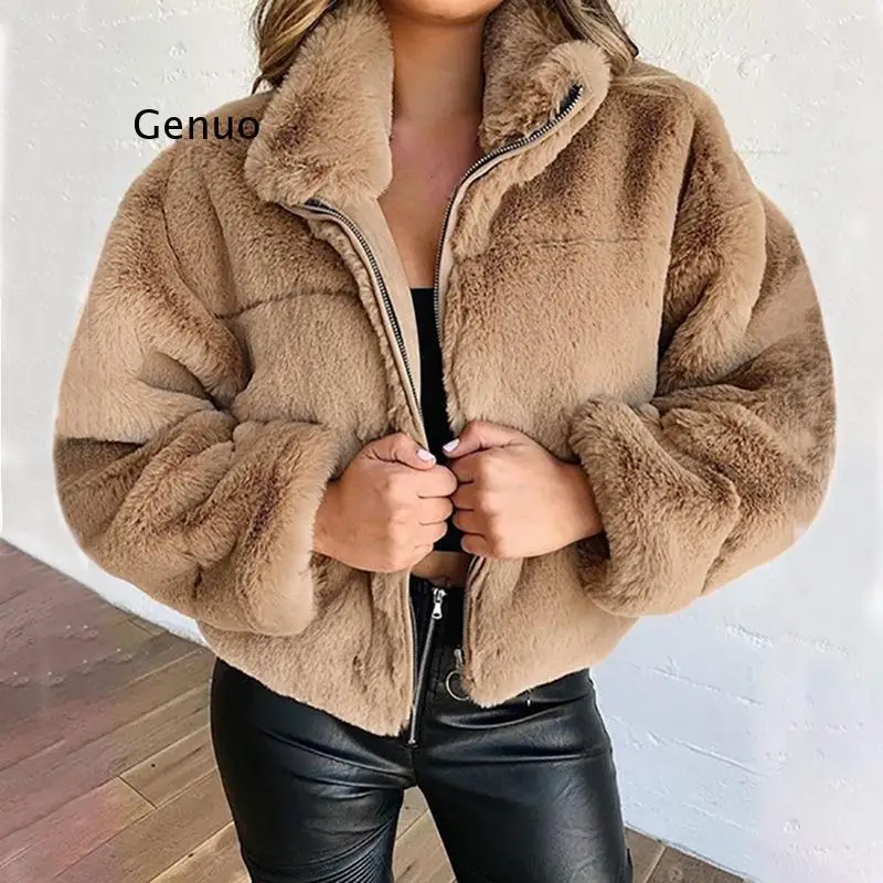 Winter Faux Leather Warm Women's Coat  Long Sleeve Turtleneck Zipper Female Coats 2021 Fashion Streetwear Lady Clothes