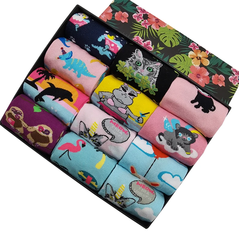 10 Pairs/Pack Women Cartoon Funny Socks Unisex Funky Colorful Novelty Cute Animal Pattern Cotton Art Crew Socks