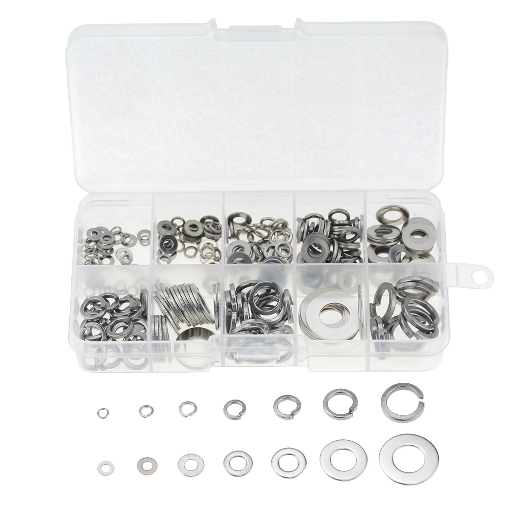 

260PCS/Box M2.5-M10 M3 M4 M5 M6 M8 M10 Steel Flat Washer and Lock Washer Assortment Kit Plain Washer Combination Spring Washer