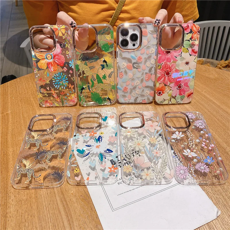 Fashion Transparent Plating Frame Flowers Leopard Case For iPhone 14 13 12 11 Pro Max Plus Glitter Soft Clear Shockproof Cover