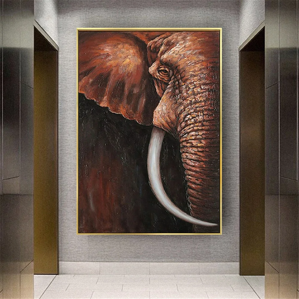 

100% Hand-Painted Retro Old Animal Portrait Oil Painting Brwon Textured Elephant Art Canvas Picture Decor Home Entrance Mural