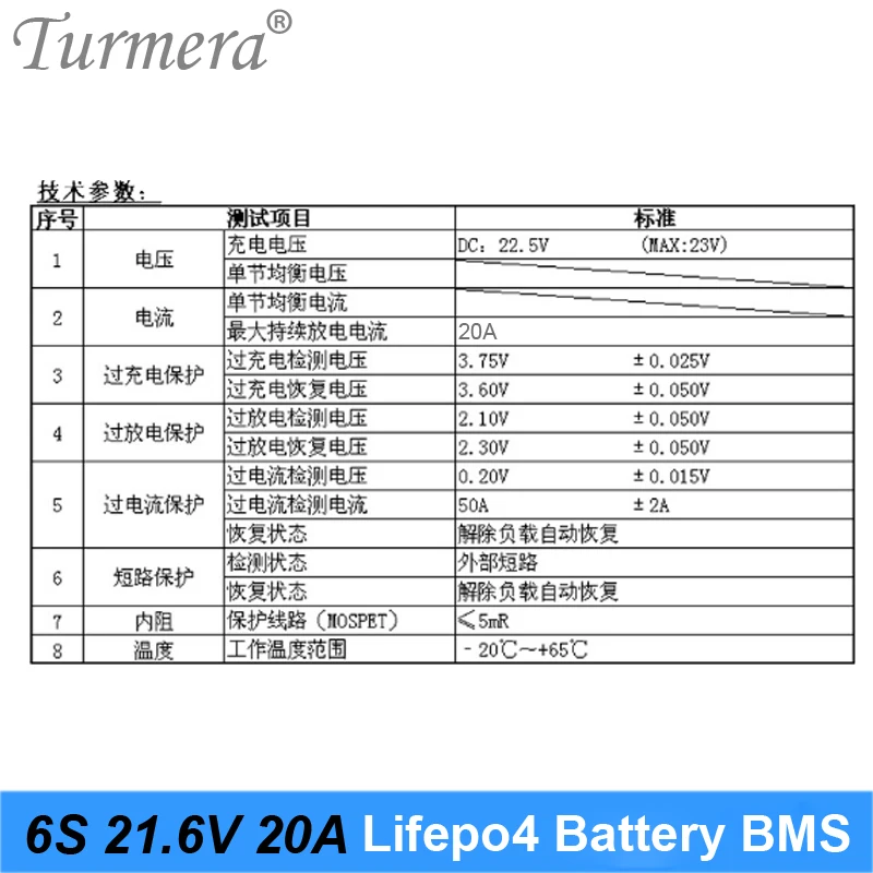 Turmera-Module de carte protégée pour batterie au lithium et fer BMS, tournevis et vélo électrique, 6S, 20A, 19.2V, 21.6V, 32650, 32700, veFePO4
