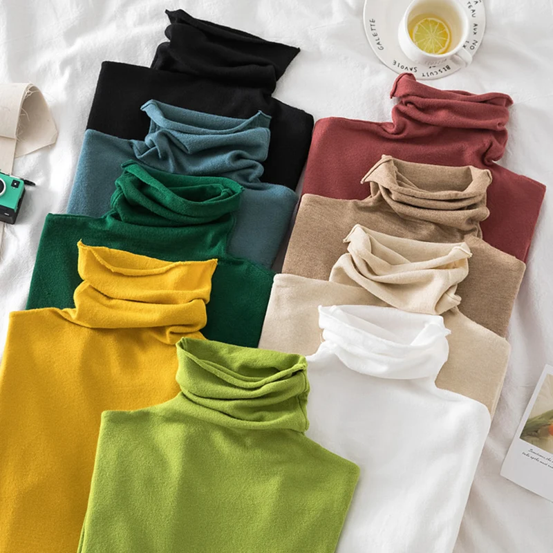 Pull Femme 2021 Solid Slim Soft Sweater Women Autumn Winter Pile Collar Long Sleeve Pullover Womens White Knitted Ladies Tops