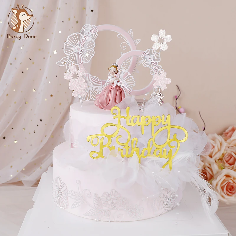 Beautiful Woman Girl Crown Lace Flower Acrylic PInk Cake Topper Happy Birthday Wedding Party Decoration Love Gift