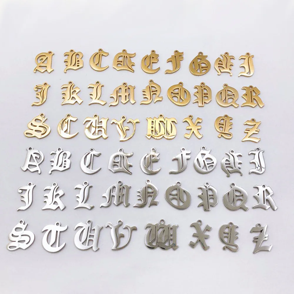 26pcs 13*15mm Gold/Steel Color Stainless Steel Letter A-Z Mirror Polished Hollow Cut out Alphabet Letters Charm for DIY Handmade