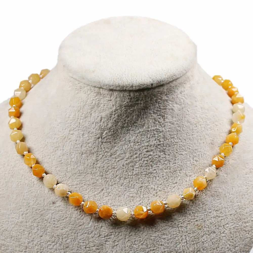 

Natural Healing Knotted 8MM Yellow Jade Quartz Necklace Gem Face Beads Silver 925 Button Necklaces For Women Jewelry 18 Inch